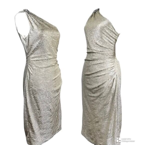 MAGGY LONDON Women's Faded Gold Metallic Frost Asymmetric Cocktail Dress - Picture 3 of 6